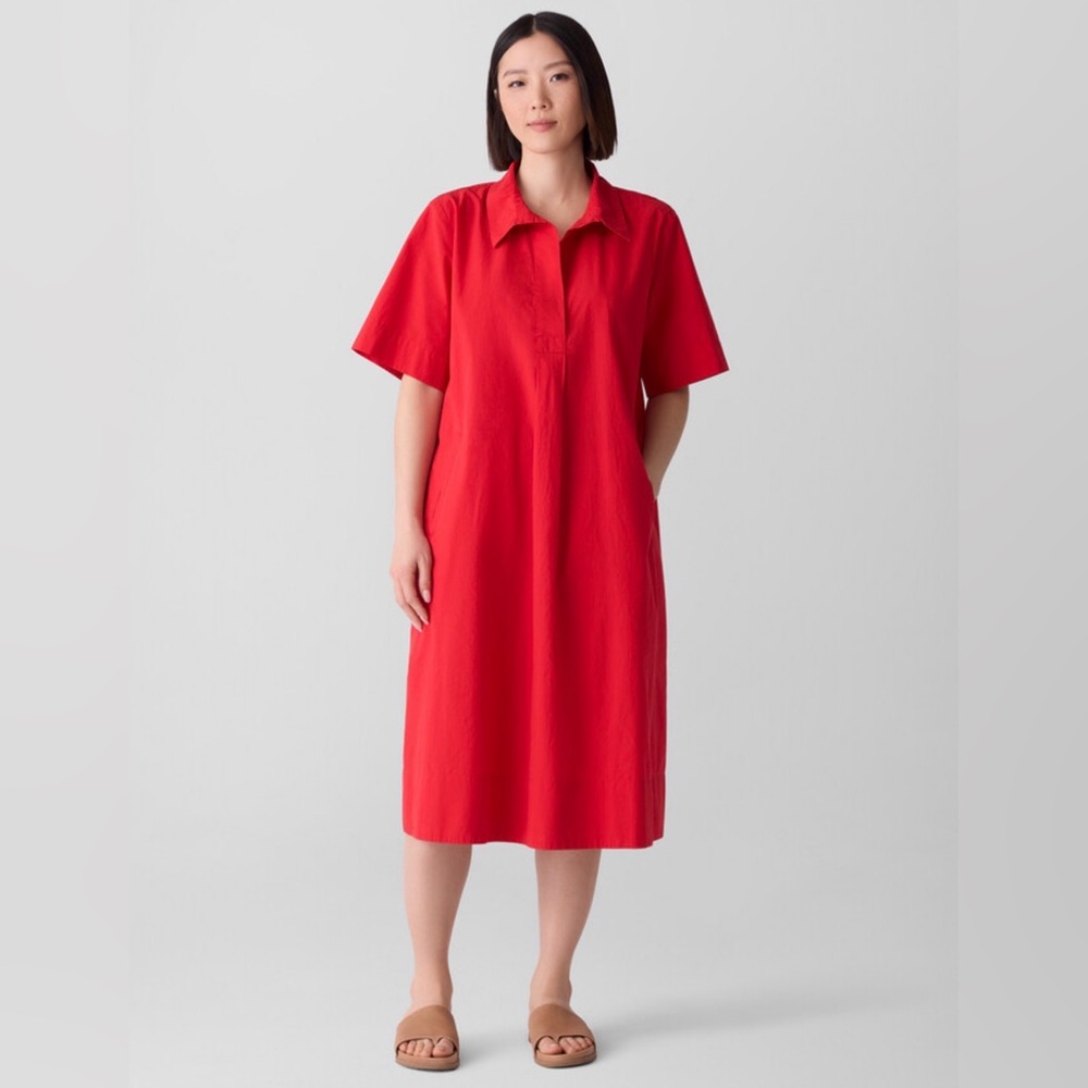 Eileen Fisher Washed Organic Cotton Poplin Split Neck Dress Size S NWT
